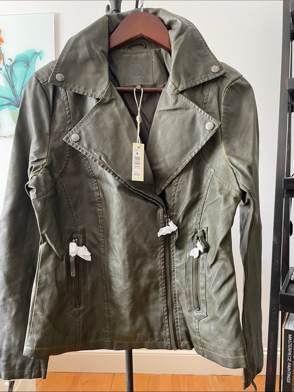 Max Studio Olive Green Faux Leather Asymmetrical Moto Jacket